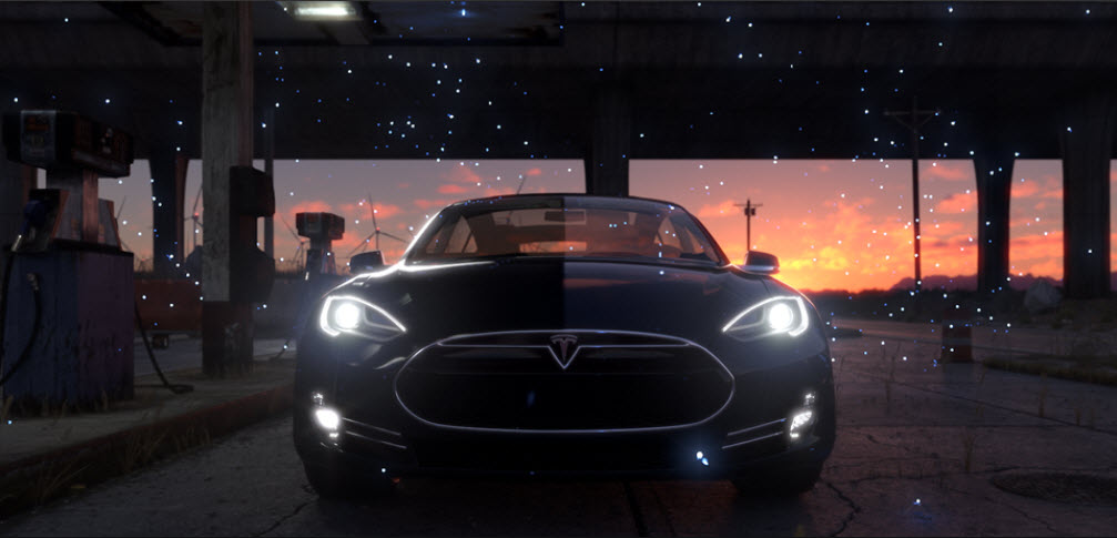 screenshot; Parachute makes Tesla featuring an army of fireflies