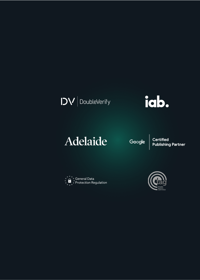 Logos of: Double Verify, iab, Adelaide, Google Certified Publishing Partner, General Data Protection Regulation, tag brand safety certified